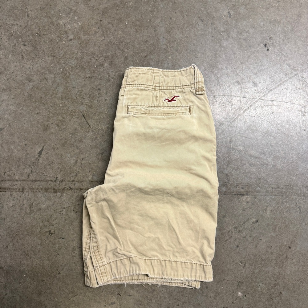 Hollister Mens Tan Khaki Chino Shorts Size 30 Distressed Raw Hem Cotton Twill